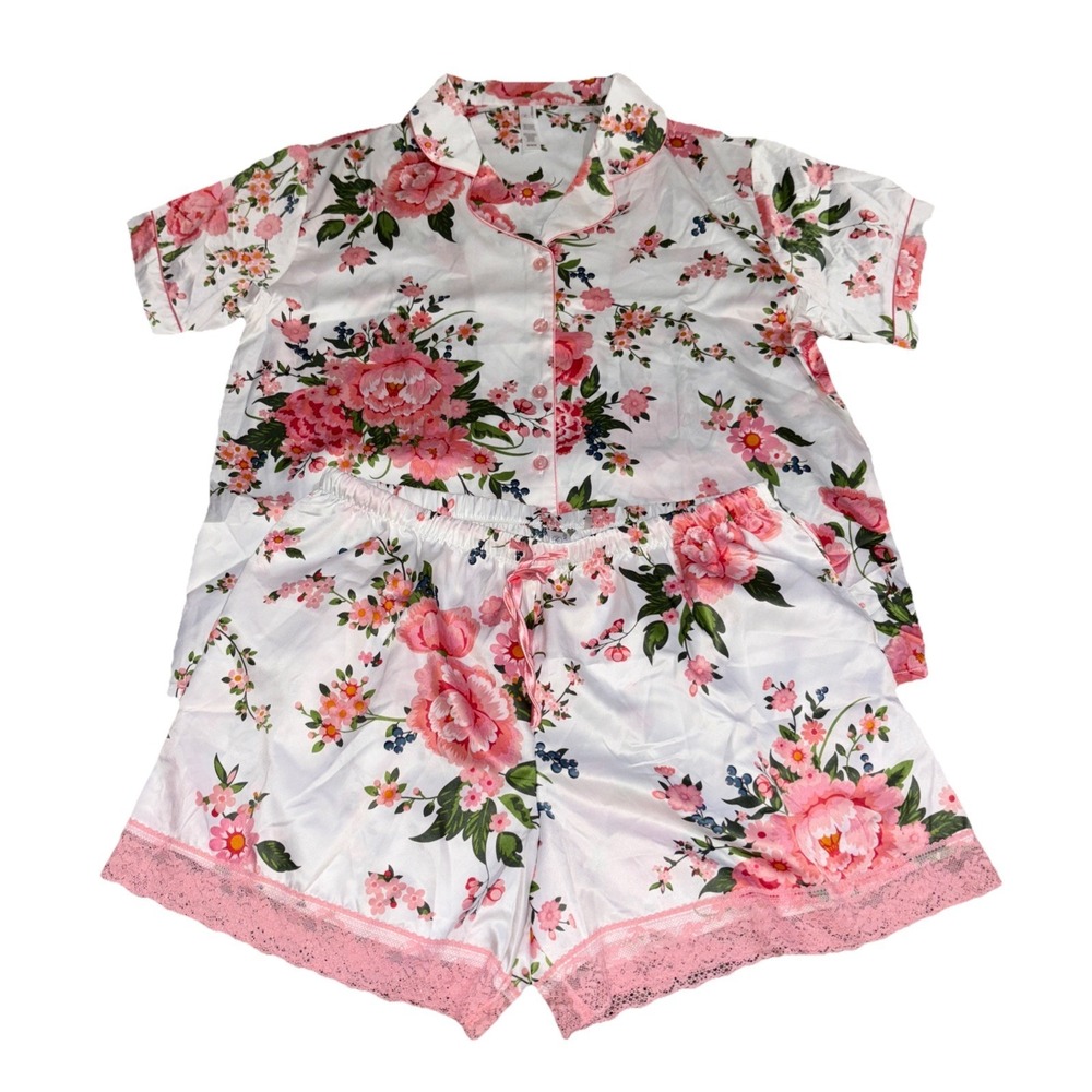 NEW FLORA NIKROOZ White/ Pink Floral Satin Short Sleeve Shorts Pajama Set Size M